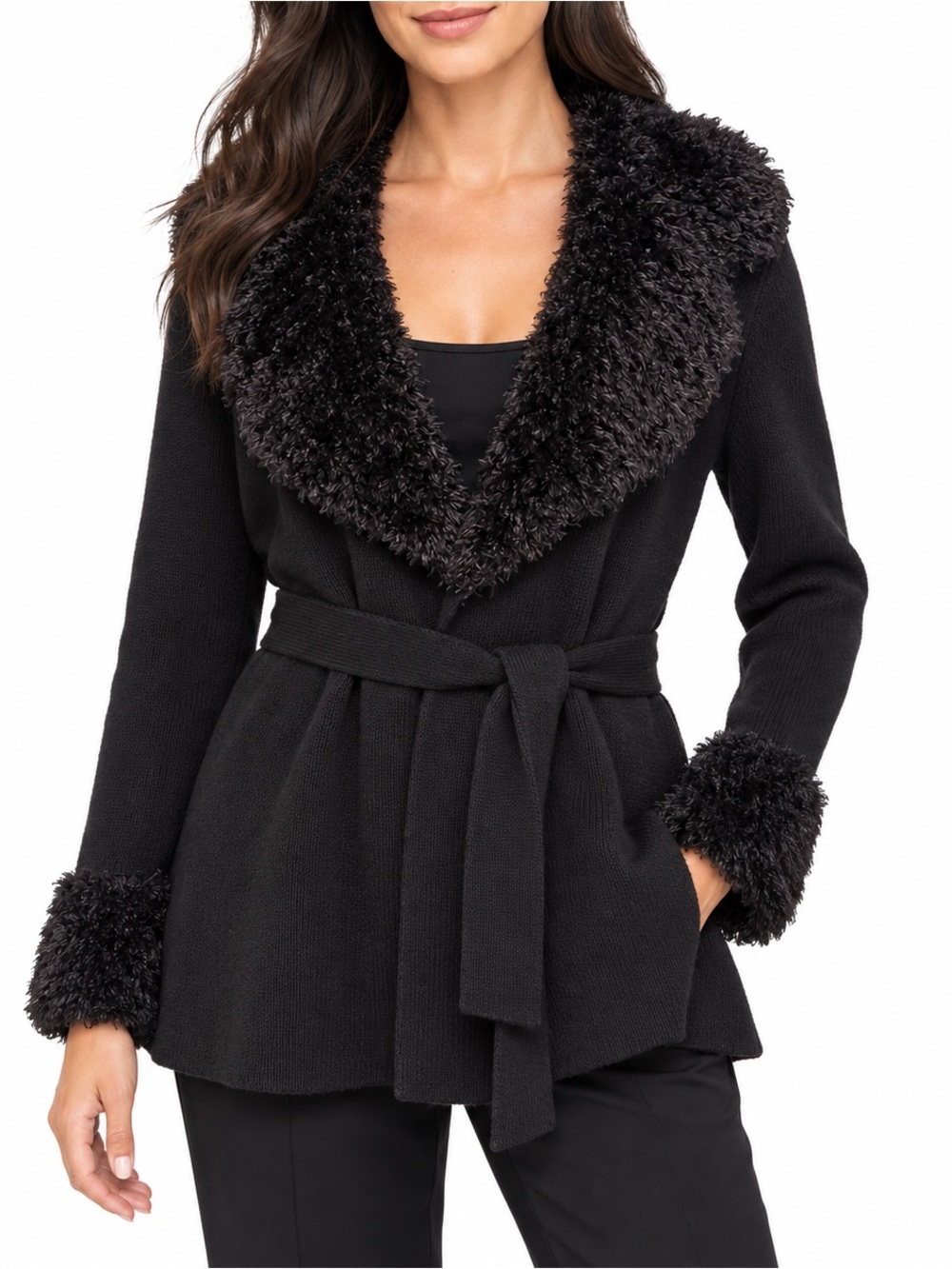 Max Studio Black Faux Fur Trim Belted Y2K Cardigan Size M